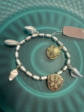 J.Jill Seashell Charm Stretch Bracelet with Mixed Metal Beads Beachy